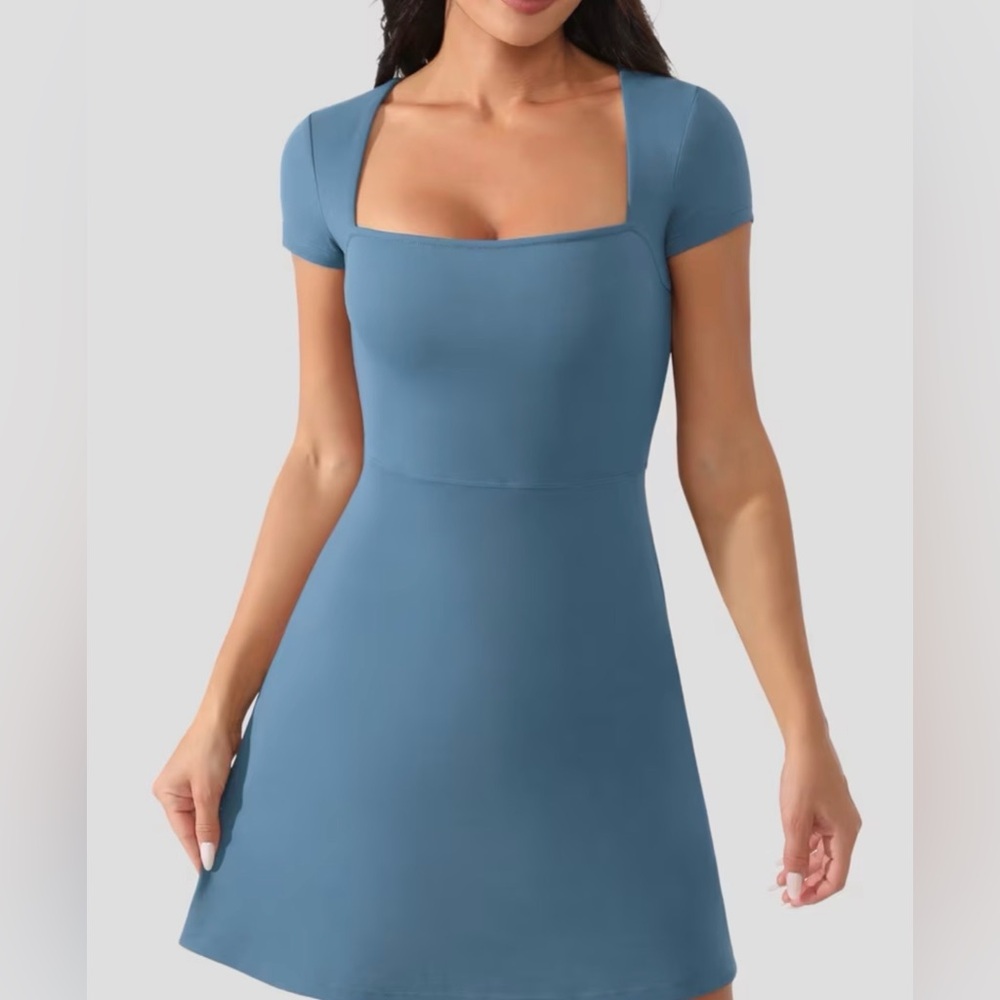 Medium Peacock Blue Women's Tennis Dress w/ pockets/ fitted/ skorts/ athletic - Picture 3 of 15